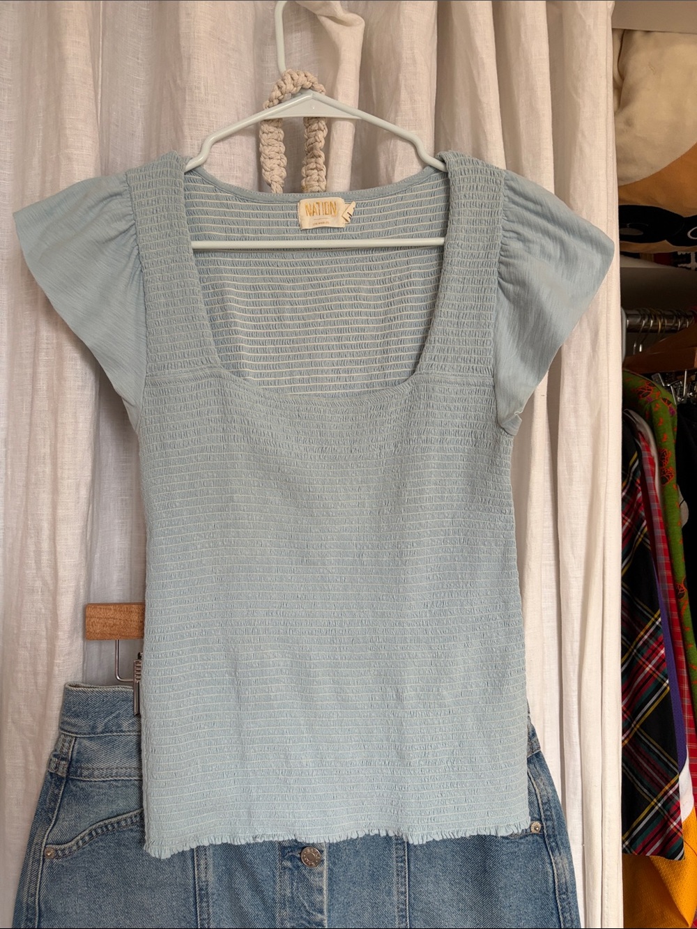Nation LTD Pale Blue Smocked Square-Neck Crop Top